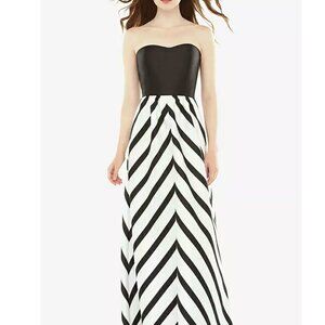 ALFRED SUNG Strapless Sweetheart D724P Black White Chevron Stripe Maxi Dress 16